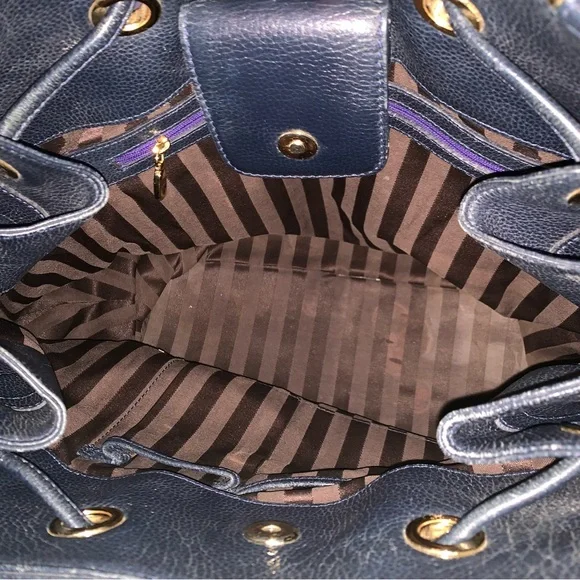 MCM BLUE LEATHER DRAWSTRING TOTE BAG WITH TASSEL & STUD DECORATIONS Totes